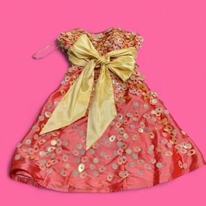 scala coral/pink & yellow sequin beaded strapless mini dress with big bow!